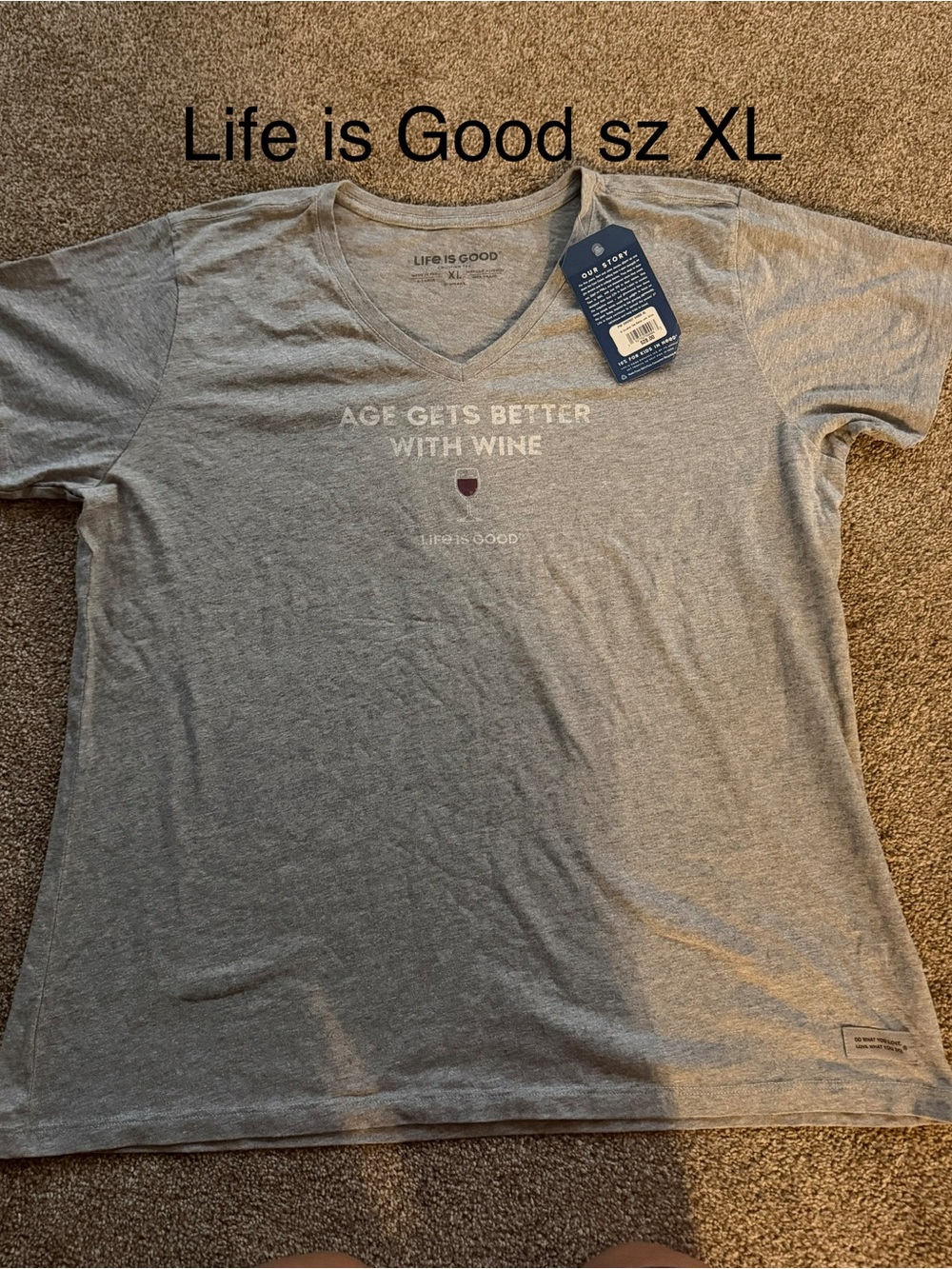 Life Is Good Gray V-Neck Tee with Wine Graphic